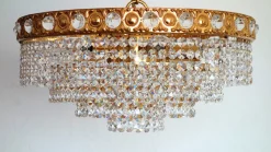 Online Pamono 24 Karat Gold-Plated Brass and Lead Crystal 6-Flame Chandelier from Sölken Leuchten, 1970s
