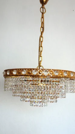 Online Pamono 24 Karat Gold-Plated Brass and Lead Crystal 6-Flame Chandelier from Sölken Leuchten, 1970s