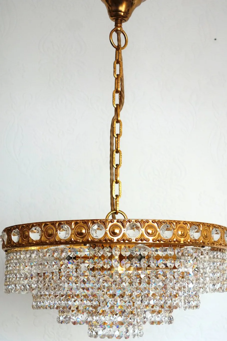 Online Pamono 24 Karat Gold-Plated Brass and Lead Crystal 6-Flame Chandelier from Sölken Leuchten, 1970s