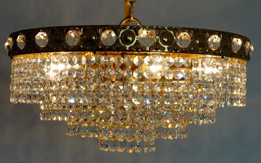 Online Pamono 24 Karat Gold-Plated Brass and Lead Crystal 6-Flame Chandelier from Sölken Leuchten, 1970s