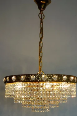 Online Pamono 24 Karat Gold-Plated Brass and Lead Crystal 6-Flame Chandelier from Sölken Leuchten, 1970s