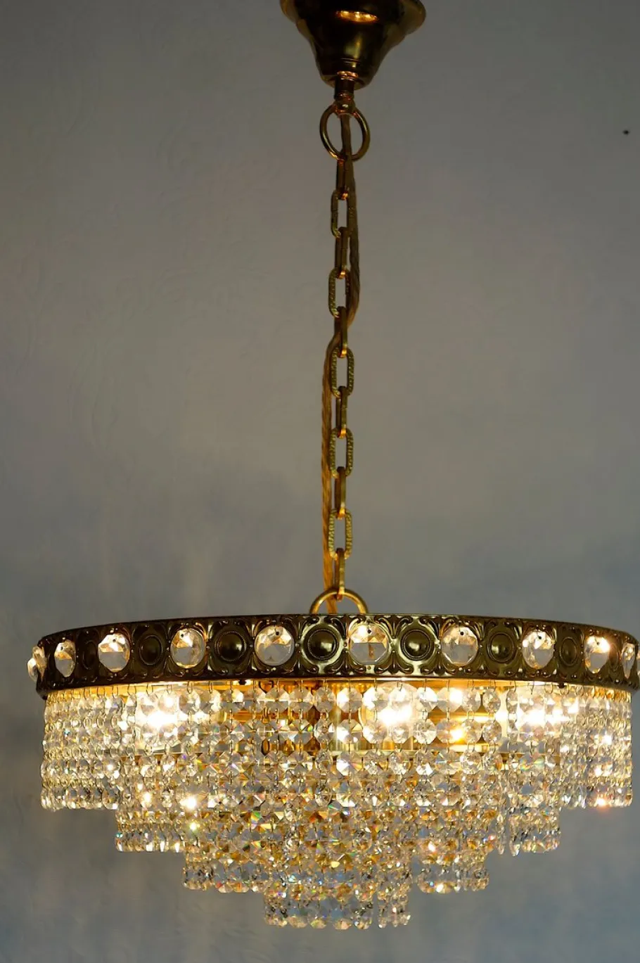 Online Pamono 24 Karat Gold-Plated Brass and Lead Crystal 6-Flame Chandelier from Sölken Leuchten, 1970s