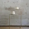 Pamono Adjustable Brass Floor Lamps with Fabric Lampshade, 1970s, Set of 2