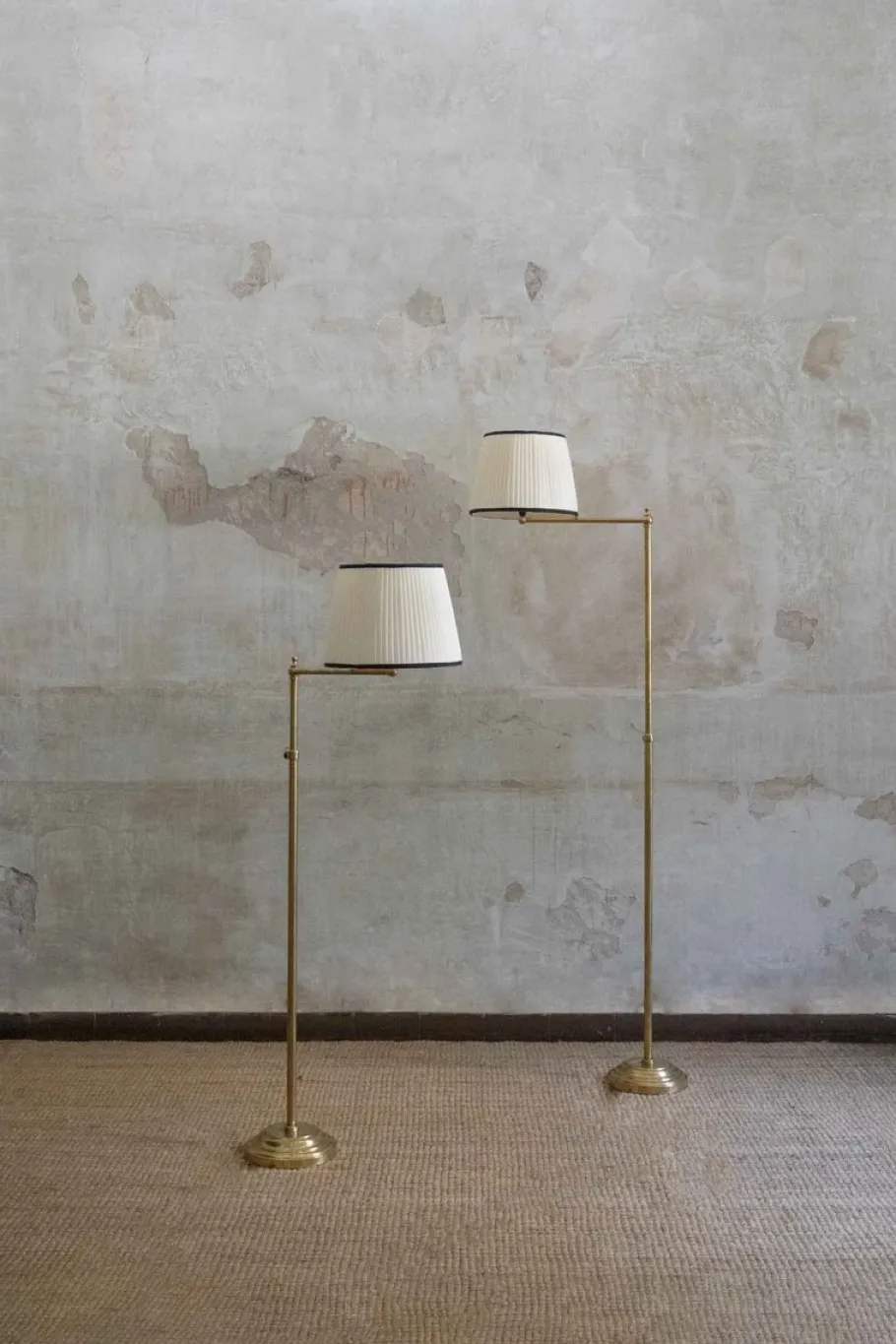 Pamono Adjustable Brass Floor Lamps with Fabric Lampshade, 1970s, Set of 2
