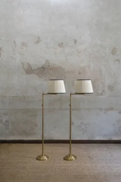 Pamono Adjustable Brass Floor Lamps with Fabric Lampshade, 1970s, Set of 2