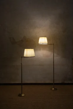 Pamono Adjustable Brass Floor Lamps with Fabric Lampshade, 1970s, Set of 2