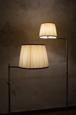 Pamono Adjustable Brass Floor Lamps with Fabric Lampshade, 1970s, Set of 2