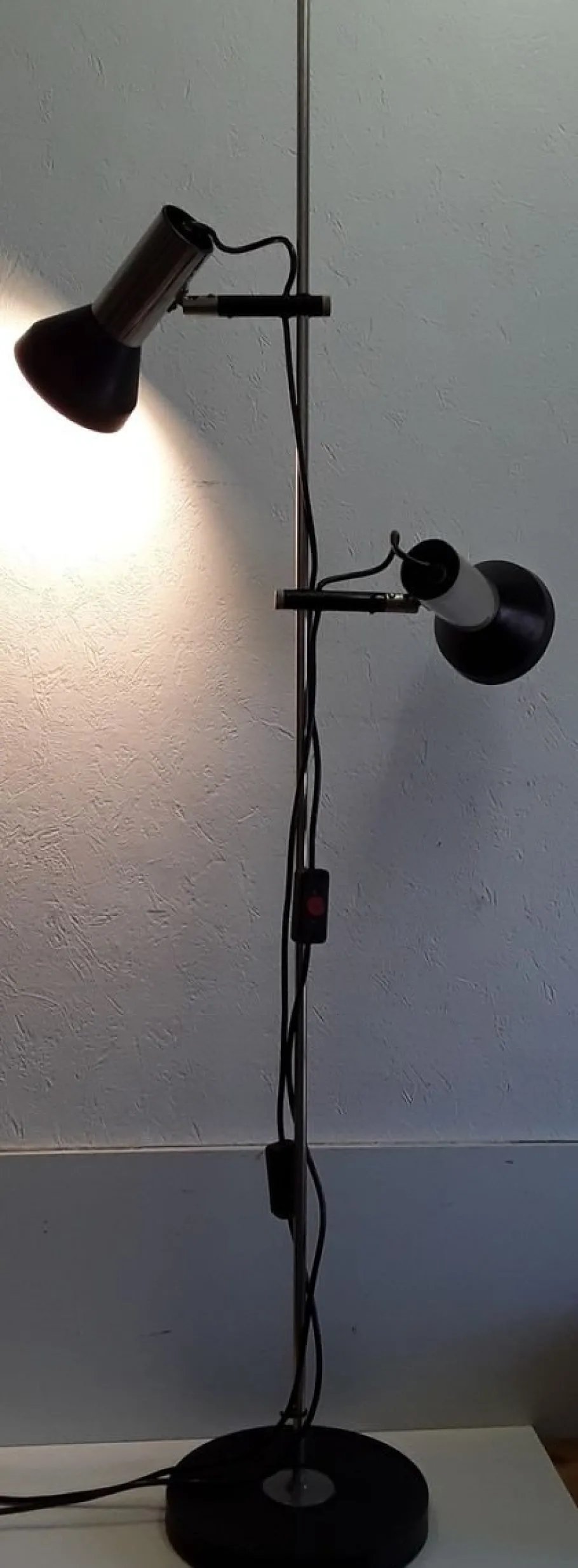 New Pamono Adjustable Chrome-Plated Steel Tube 2-Light Spotlight with Black Plastic Mounting and Base, 1970s