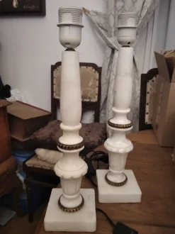 Pamono Alabaster Marble Column Lamps with Brass Ornaments, 1930s, Set of 2