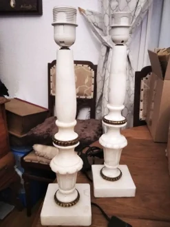 Pamono Alabaster Marble Column Lamps with Brass Ornaments, 1930s, Set of 2