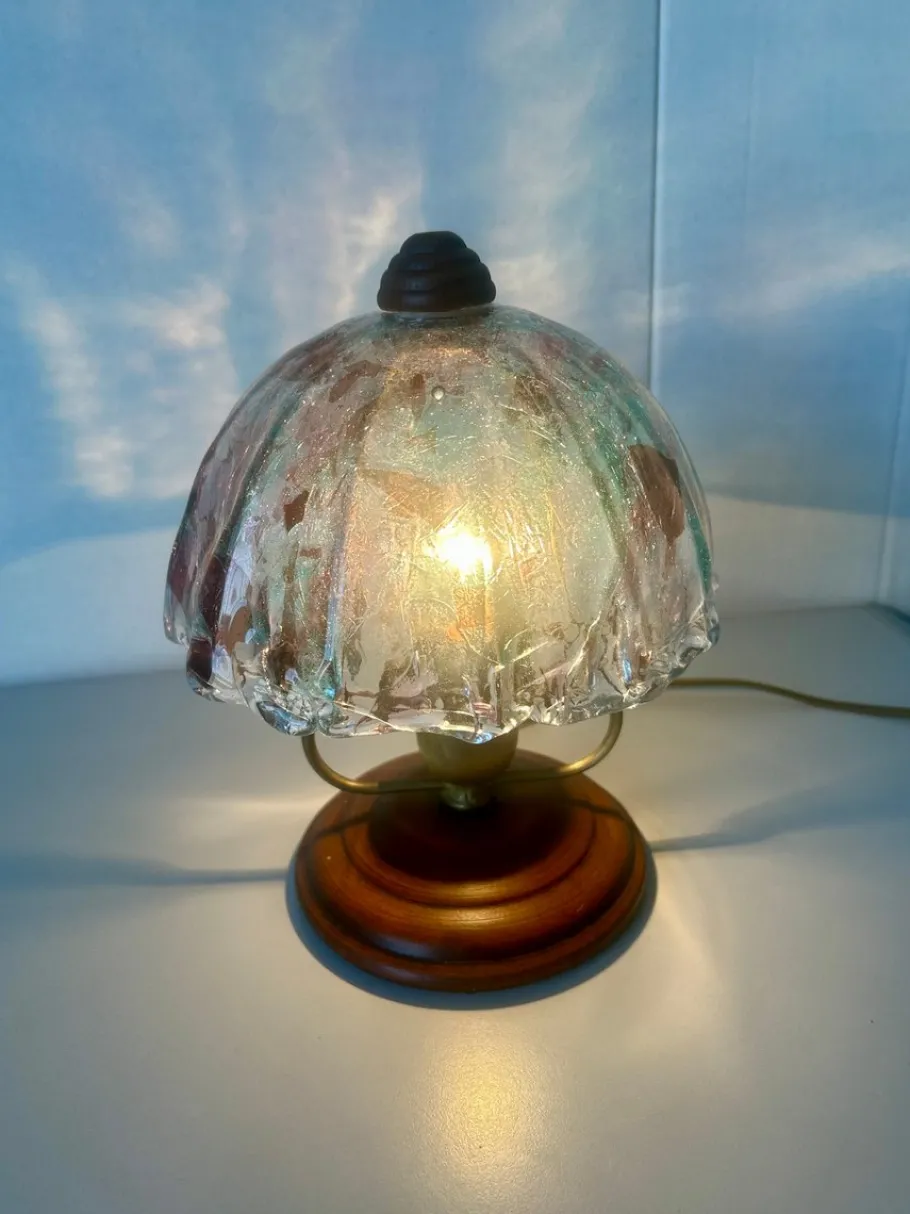 Clearance Pamono Amethyst and Green Glass Table Lamp with Cherrywood Base, 1980s
