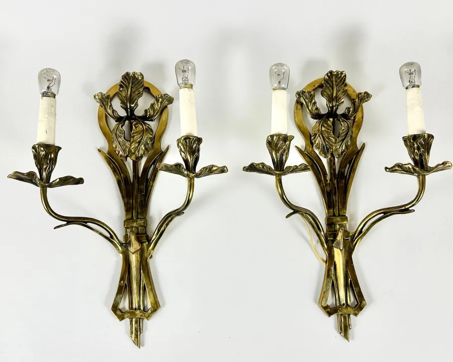 New Pamono Antique Art Nouveau Bronze Wall Sconces, France, 1900s, Set of 2
