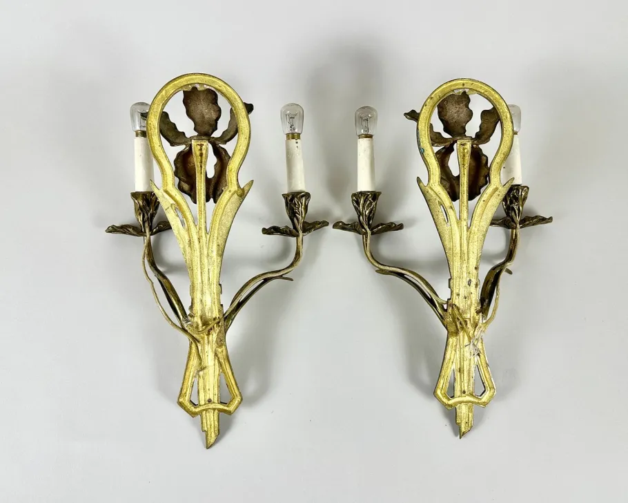 New Pamono Antique Art Nouveau Bronze Wall Sconces, France, 1900s, Set of 2