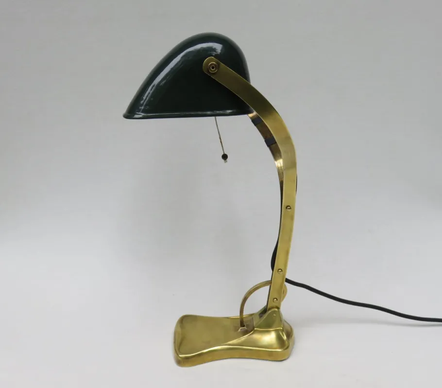 Best Pamono Antique Art Nouveau Enameled Brass Bankers Lamp with Dark Green Shade