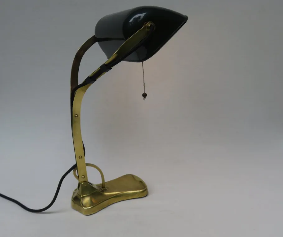 Best Pamono Antique Art Nouveau Enameled Brass Bankers Lamp with Dark Green Shade