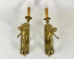 New Pamono Antique Baroque Gilded Bronze Angel Sconces, France, 1920s, Set of 2