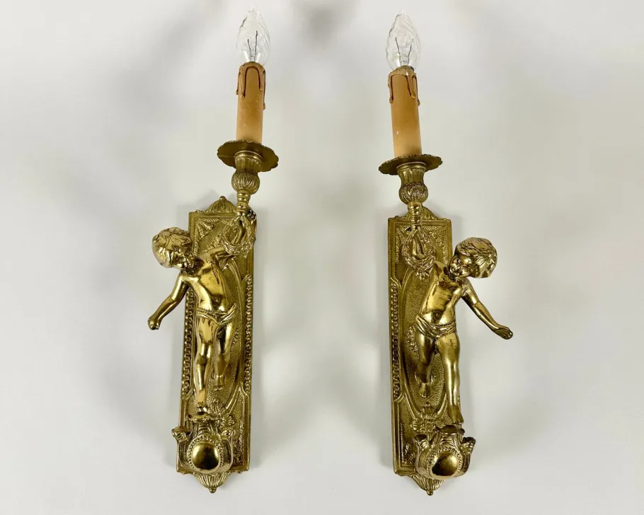 New Pamono Antique Baroque Gilded Bronze Angel Sconces, France, 1920s, Set of 2