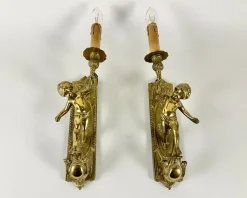 New Pamono Antique Baroque Gilded Bronze Angel Sconces, France, 1920s, Set of 2