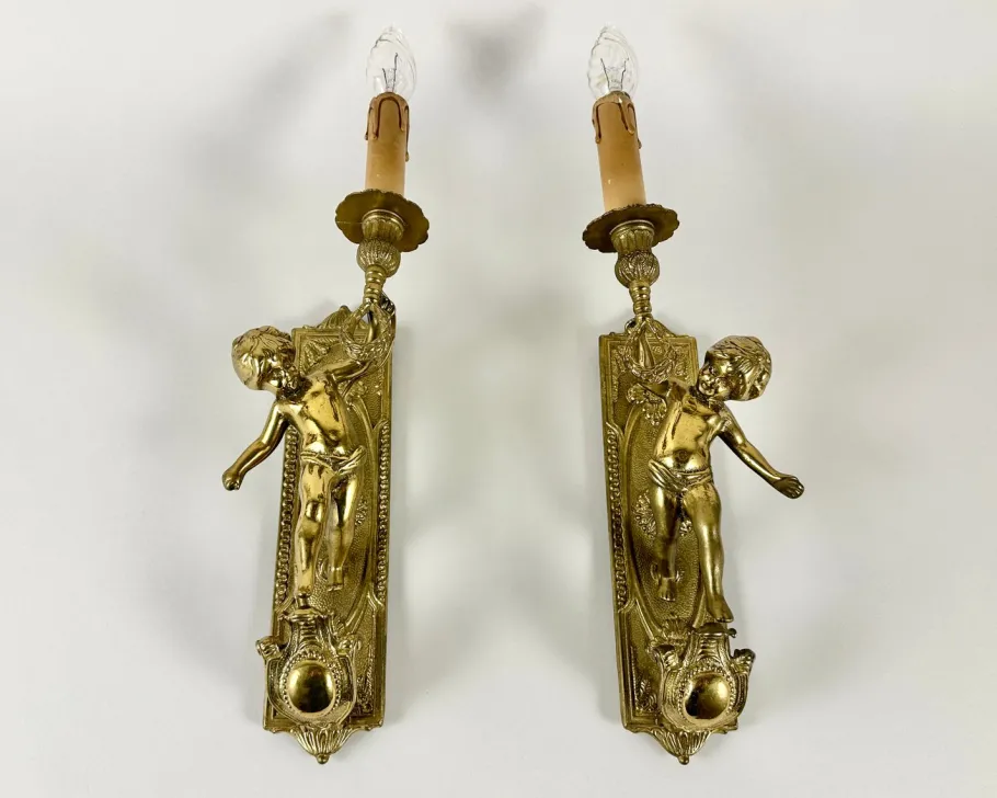 New Pamono Antique Baroque Gilded Bronze Angel Sconces, France, 1920s, Set of 2