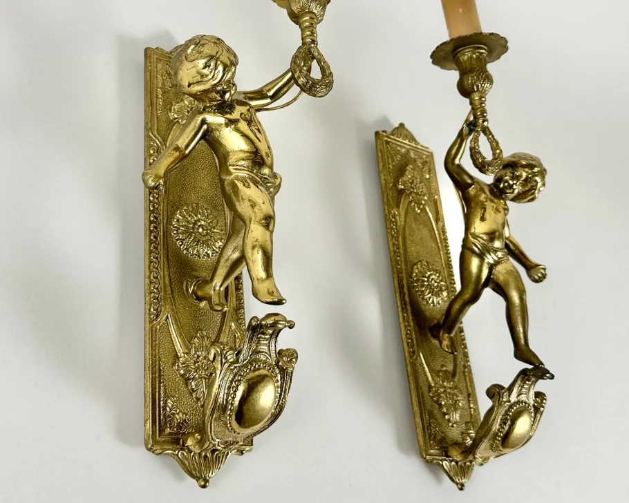 New Pamono Antique Baroque Gilded Bronze Angel Sconces, France, 1920s, Set of 2