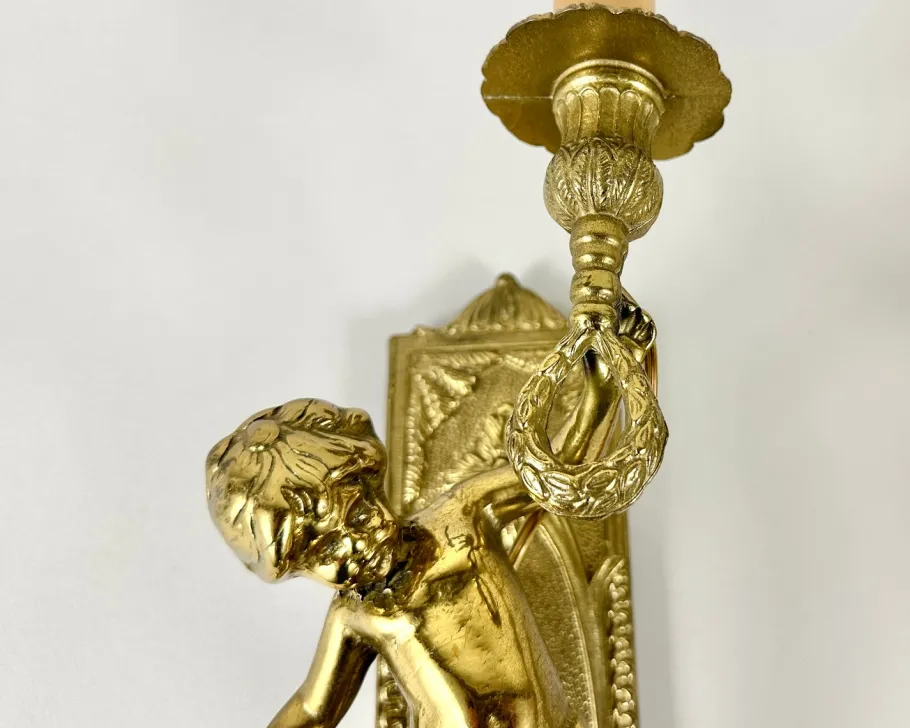 New Pamono Antique Baroque Gilded Bronze Angel Sconces, France, 1920s, Set of 2