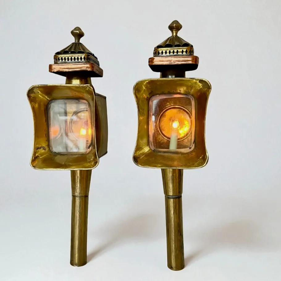 New Pamono Antique Brass and Copper Carriage Lamps, 1890s, Set of 2