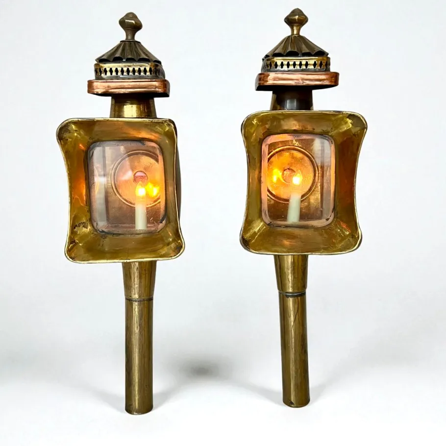 New Pamono Antique Brass and Copper Carriage Lamps, 1890s, Set of 2
