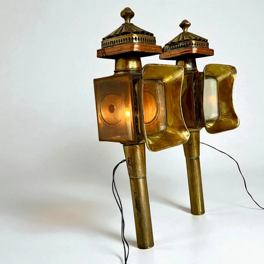 New Pamono Antique Brass and Copper Carriage Lamps, 1890s, Set of 2