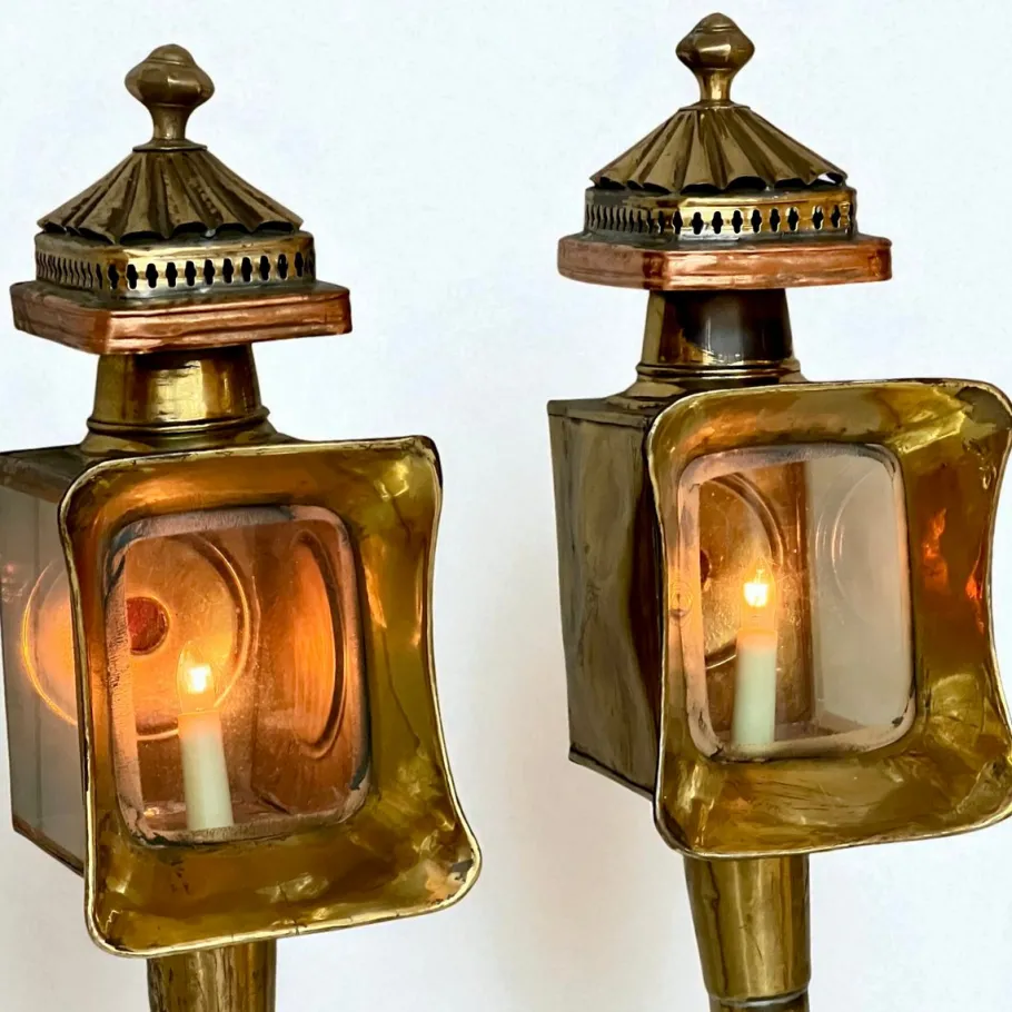 New Pamono Antique Brass and Copper Carriage Lamps, 1890s, Set of 2