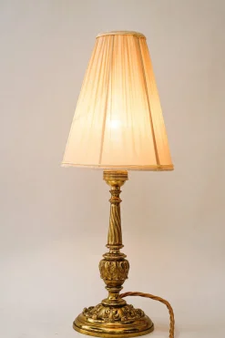 Best Pamono Antique Brass Table Lamp with Fabric Shade, 1890s