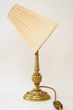 Best Pamono Antique Brass Table Lamp with Fabric Shade, 1890s