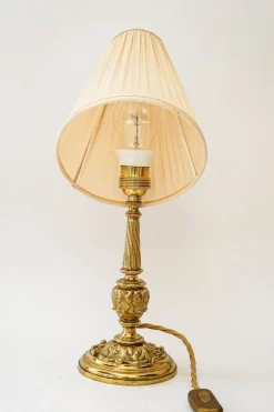 Best Pamono Antique Brass Table Lamp with Fabric Shade, 1890s