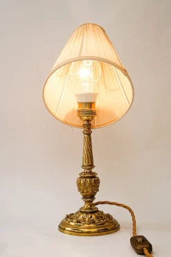 Best Pamono Antique Brass Table Lamp with Fabric Shade, 1890s