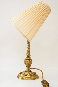 Best Pamono Antique Brass Table Lamp with Fabric Shade, 1890s