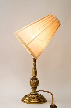 Best Pamono Antique Brass Table Lamp with Fabric Shade, 1890s