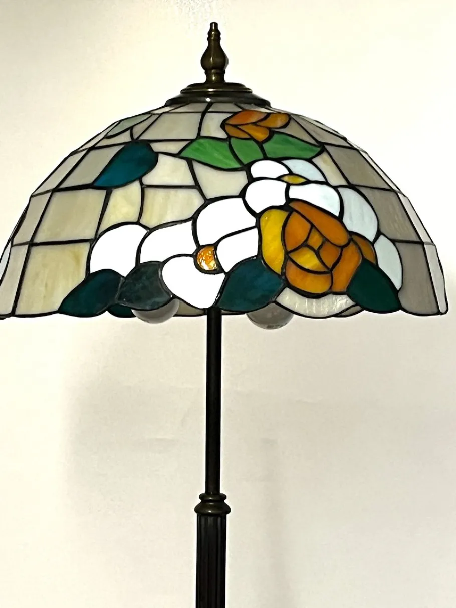Pamono Antique Brass Tiffany Shade Floor Lamp