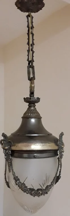 Discount Pamono Antique Ceiling Lamp in Metal Frame & Glass, 1910s