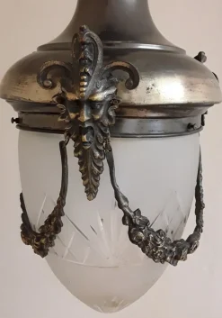 Discount Pamono Antique Ceiling Lamp in Metal Frame & Glass, 1910s