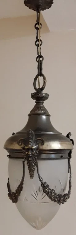 Discount Pamono Antique Ceiling Lamp in Metal Frame & Glass, 1910s