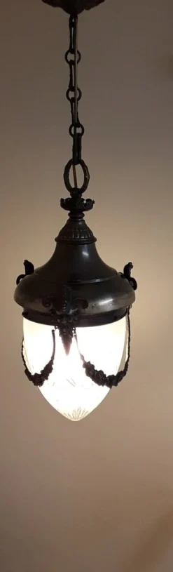 Discount Pamono Antique Ceiling Lamp in Metal Frame & Glass, 1910s