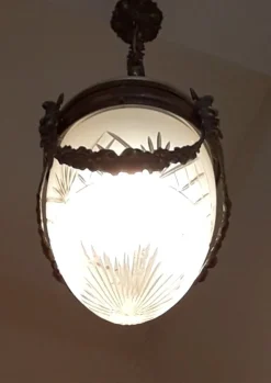 Discount Pamono Antique Ceiling Lamp in Metal Frame & Glass, 1910s