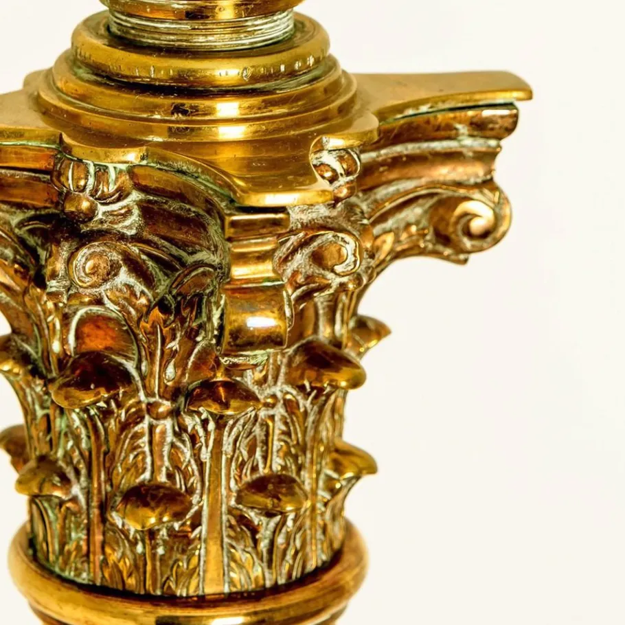 Clearance Pamono Antique Corinthian Column Brass Floor Lamp with Fringed Lampshade, England, 1890