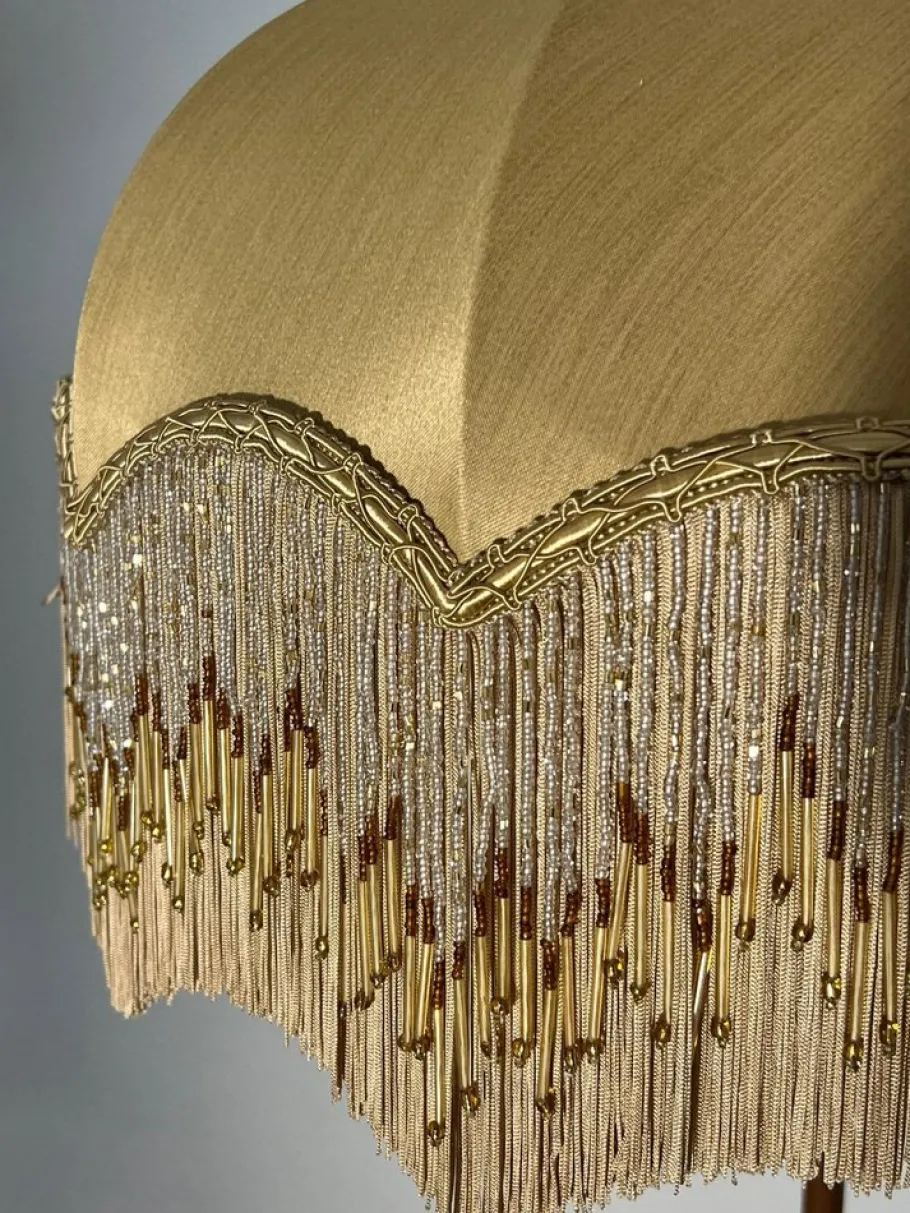 Clearance Pamono Antique Corinthian Column Brass Floor Lamp with Fringed Lampshade, England, 1890