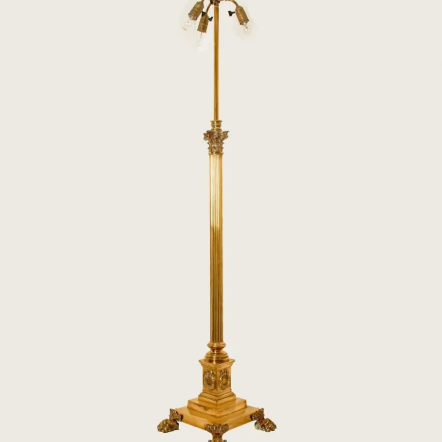 Clearance Pamono Antique Corinthian Column Brass Floor Lamp with Fringed Lampshade, England, 1890