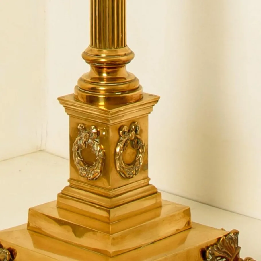 Clearance Pamono Antique Corinthian Column Brass Floor Lamp with Fringed Lampshade, England, 1890