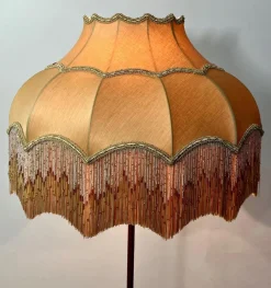 Clearance Pamono Antique Corinthian Column Brass Floor Lamp with Fringed Lampshade, England, 1890