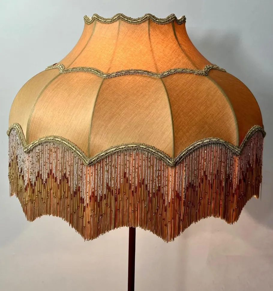 Clearance Pamono Antique Corinthian Column Brass Floor Lamp with Fringed Lampshade, England, 1890