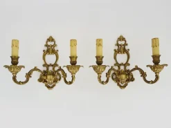 New Pamono Antique Double-Light Bronze Wall Sconces, 1970s-1980s, Set of 2