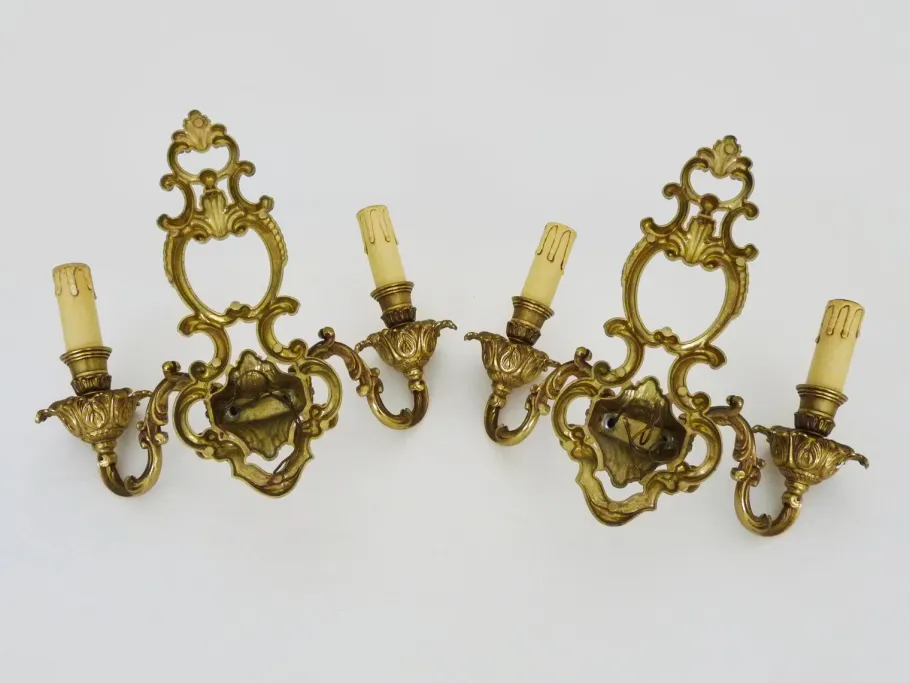 New Pamono Antique Double-Light Bronze Wall Sconces, 1970s-1980s, Set of 2