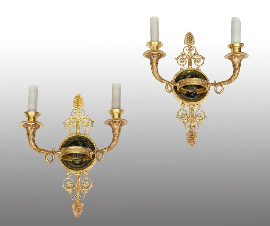 New Pamono Antique Empire Chiseled Gilt and Satin-Finished Bronze Sconces, France, 19th Century, Set of 2